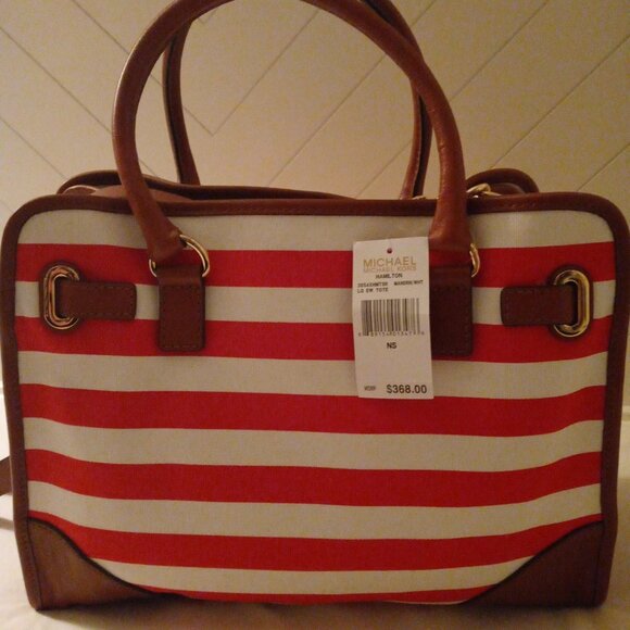 Michael Kors Hamilton Large Mandarin/White Striped Canvas Tote - Picture 6 of 8